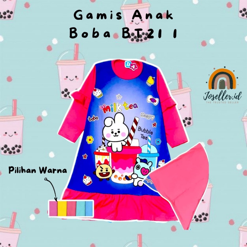 DRESS GAMIS MUSLIM SET HIJAB ANAK PEREMPUAN MOTIF 002 KARAKTER BTS BT21 2-10 TAHUN