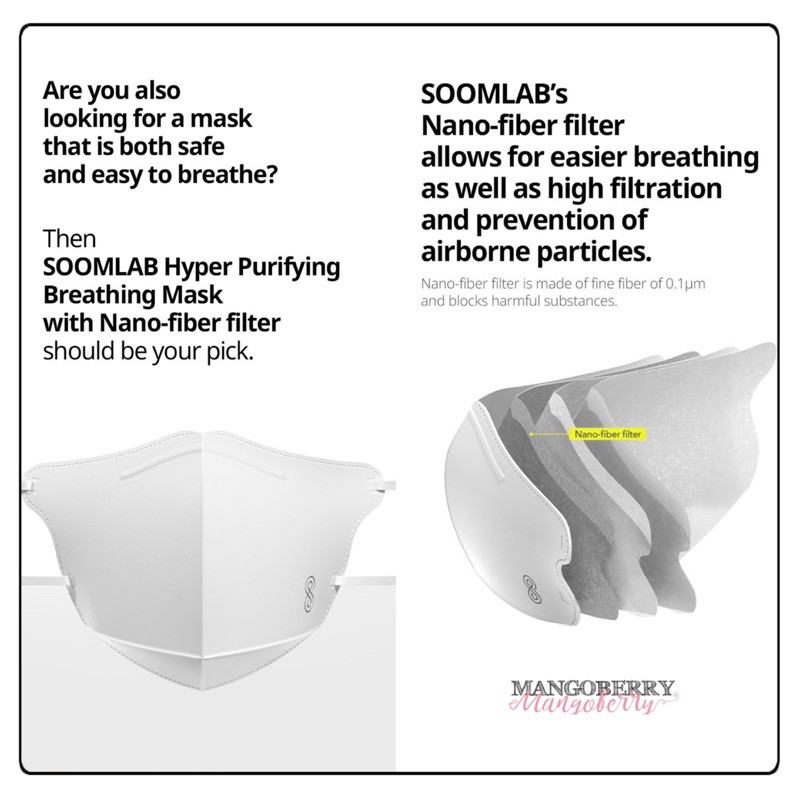[1 pcs] SOOMLAB Korea Hyper Purifying Breathing Mask with nano fiber filter (masker Korea)