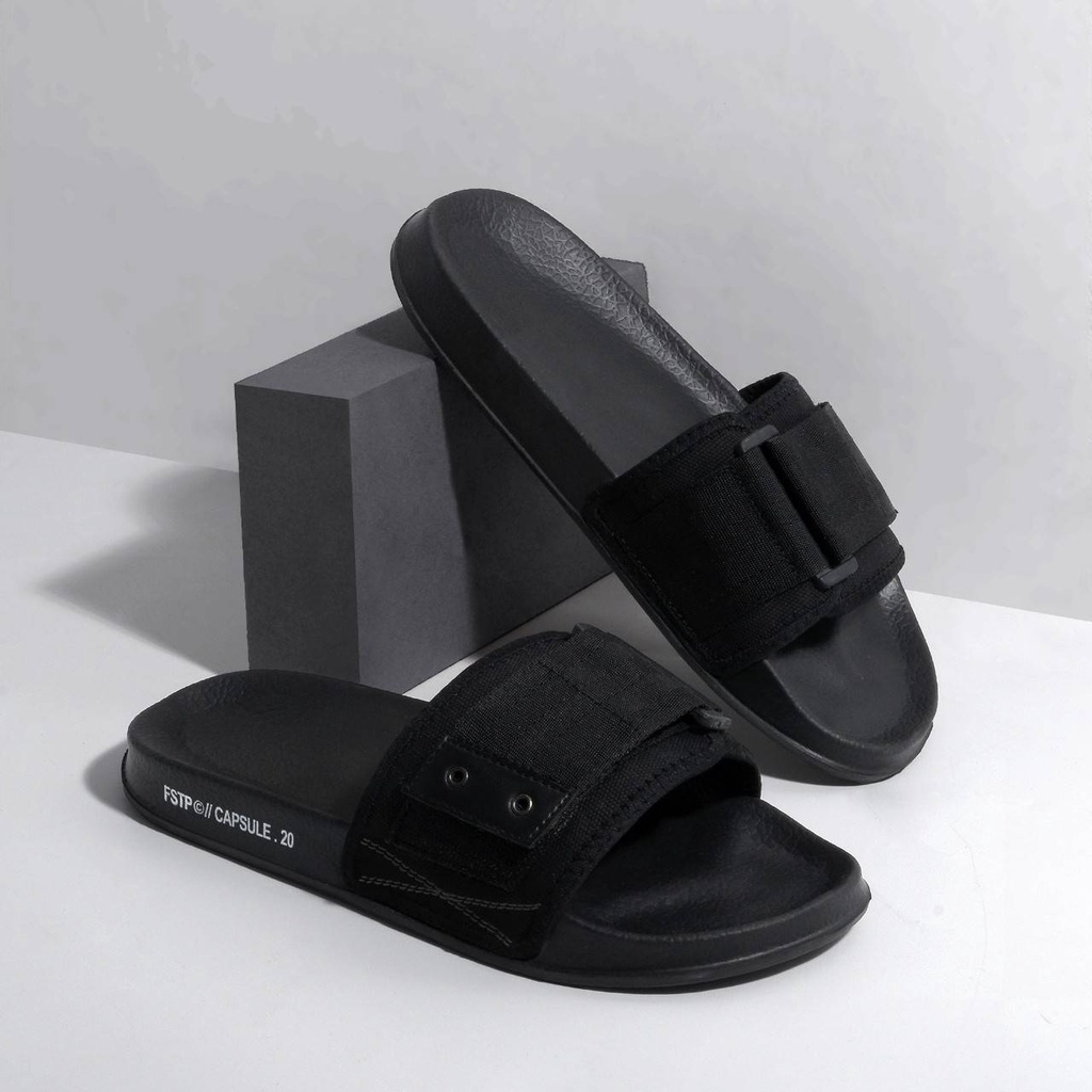 CAPSULE 0.2 ORIGINAL x FOOTSTEP Sandal Casual Full Hitam Pria Sendal Slide Jalan Santai Harian Slippers Hangout Main Lebaran Selop Karet Anti Slip Premium Slip On Remaja Dewasa Flip Flop Kerja Formal Sport Fashion Footwear Keren Terbaru Kekinian Branded