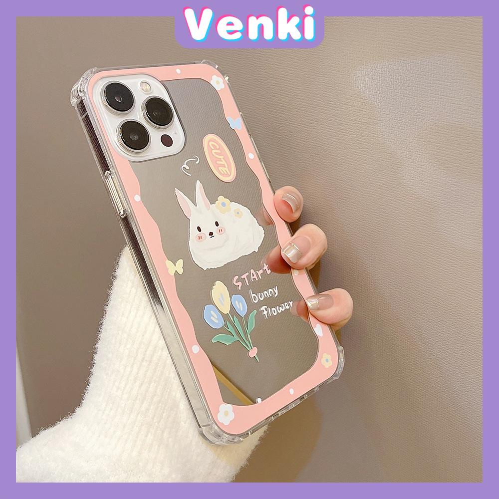 iPhone Case Acrylic Mirror Airbag Shockproof Protection Camera Cute Pink Rabbit Flowers Compatible For iPhone 11 iPhone 13 Pro Max iPhone 12 Pro Max iPhone 7 Plus iPhone x xr xs