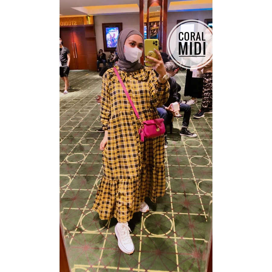 CORAL MIDI DRESS RAYON MOTIF FULL KANCING BUSUI KEKINIAN