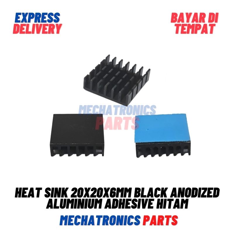 Heat Sink 20x20x6mm Black Anodized Aluminium Adhesive Perekat Hitam