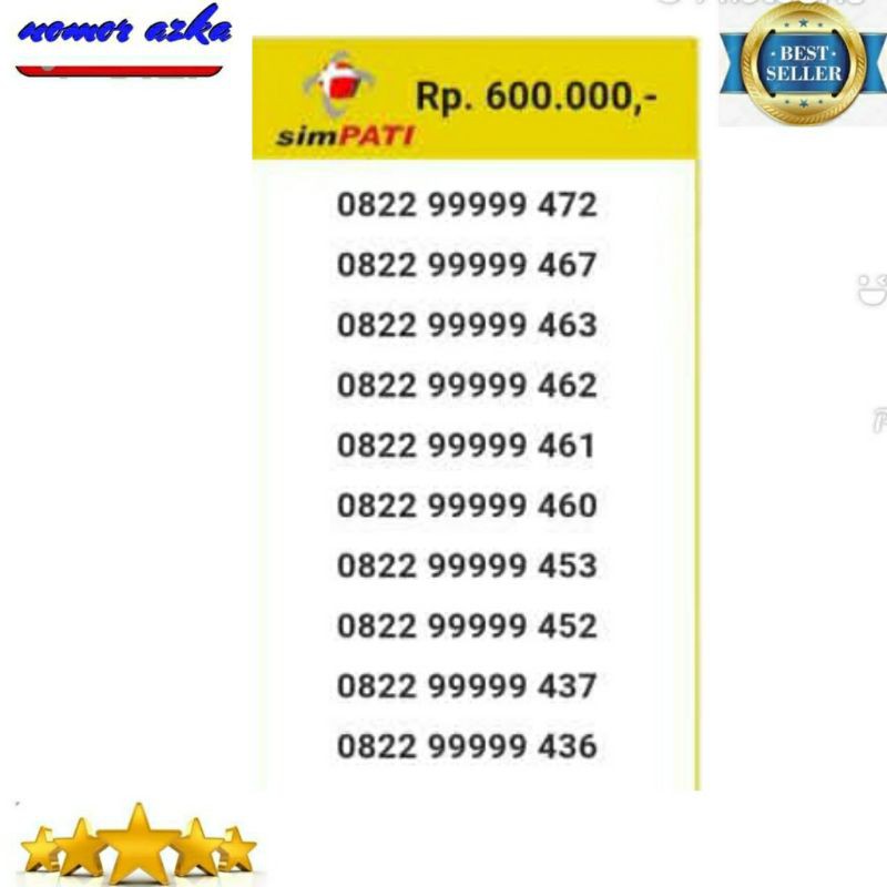 Nomor cantik simpati 0822 99999 472 seri Panca 99999 rapi Bsm03