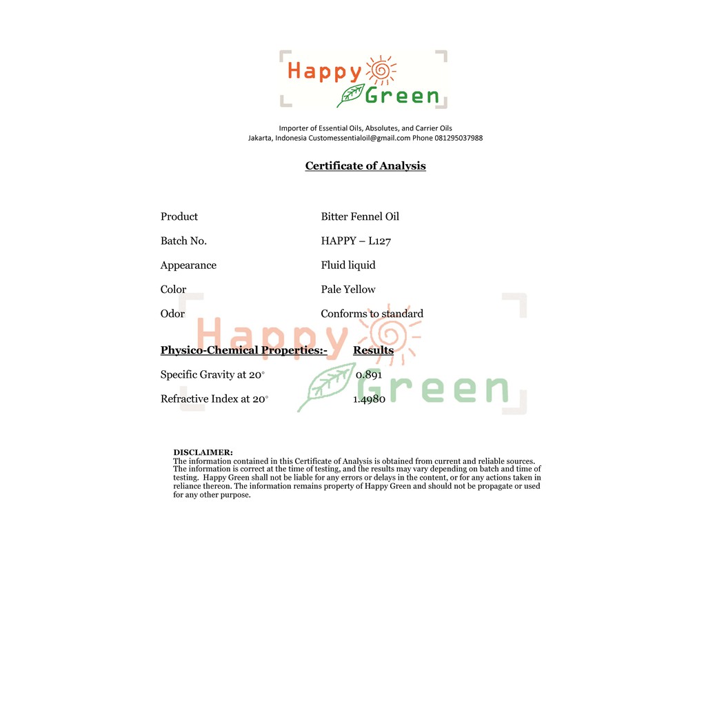 Happy Green Fennel Bitter Essential Oil - Minyak Adas Pahit