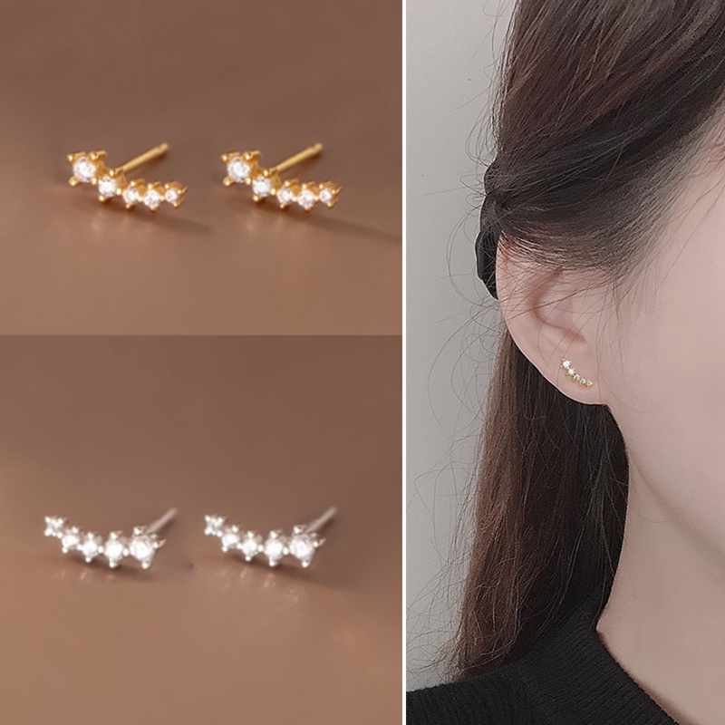 Anting Stud Mini Bahan 925 Sterling Silver Aksen Zircon Gaya Korea Untuk Wanita