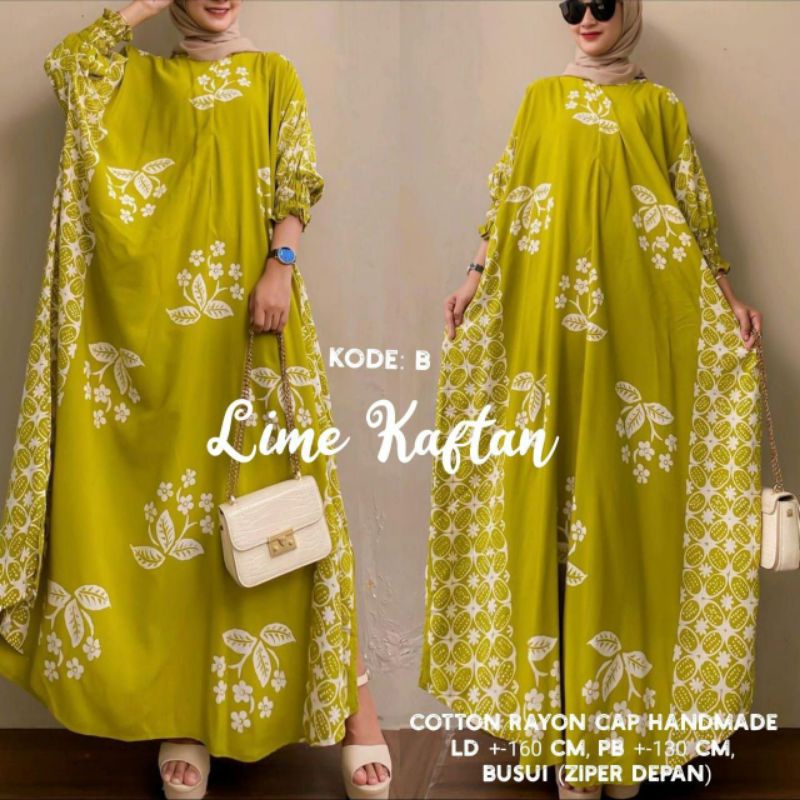 Kaftan Jumbo Lime Kaftan Batik Wanita Jumbo XXXXL Motif Batik Cap Encim Soft Color Busui Resleting L