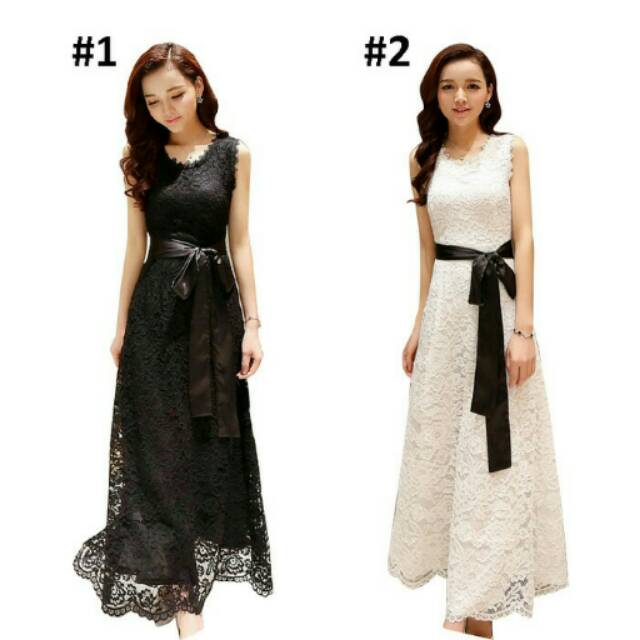 GAUN PESTA LACE SLEEVELESS LONG DRESS KOREA + IKAT PINGGANG
