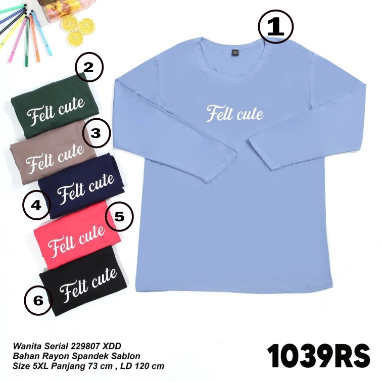 LEMONE Rayon Spandek Super Jumbo 5XL 1039RS807 Kaos Lengan Panjang polos sablon warna pastel cantik 