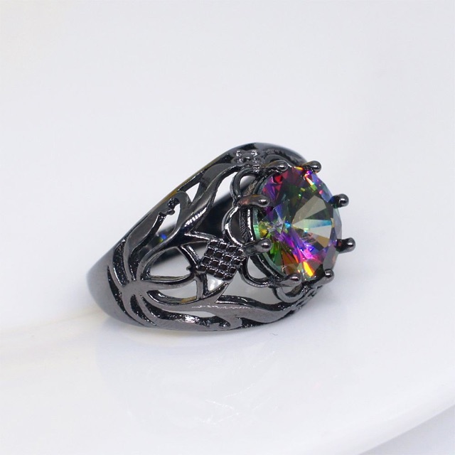 Cincin Batu Natural Mystic Quartz Rainbow Pelangi Ring Black Platted Klasik