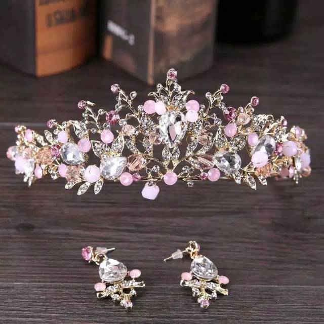 FerenHongXia Banfo tiara handmate+anting tusuk kristal warna emas pink