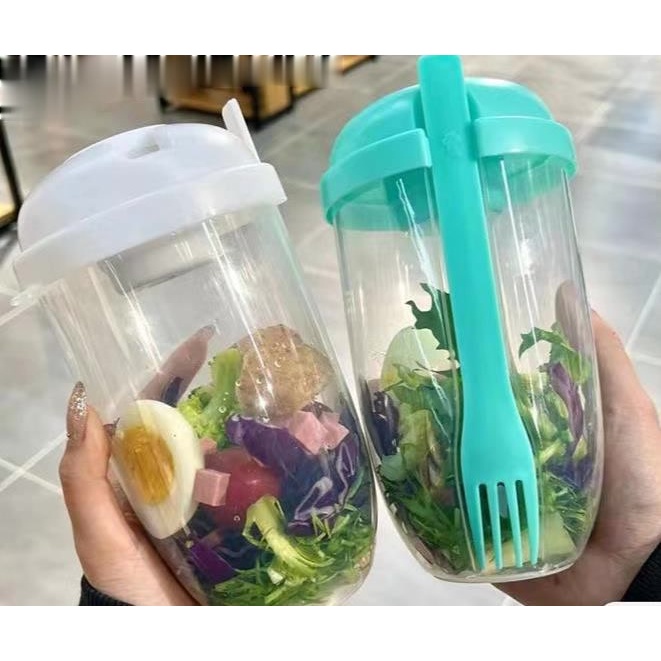 KOTAK MAKAN SALAD Tempat Salad 1L Transparan Reusable Box Salad Pakai Dengan Garpu dan Tutup Food Container Pakai Ulang Box Salad Kue Puding Anti Tumpah