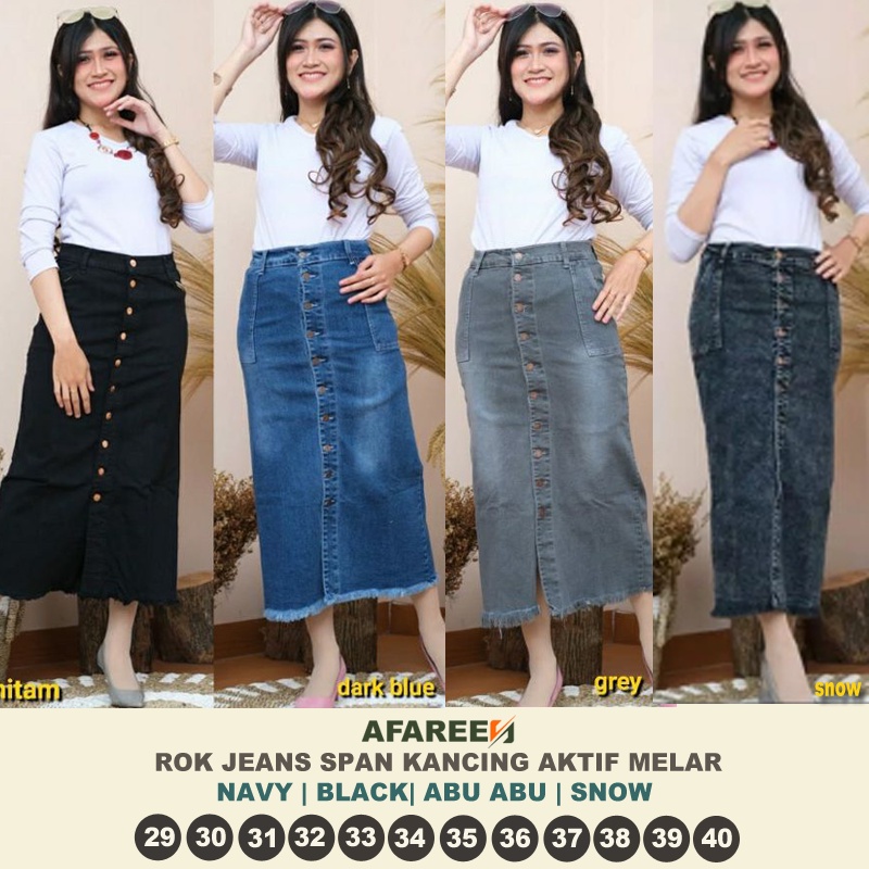 AFAREEN - Rok Span Jeans Panjang Kancing Depan Button Rok Jeans Skrit 29-40