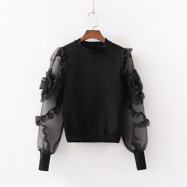 BLOUSE Viona Black Floral Organza Sleeve Top