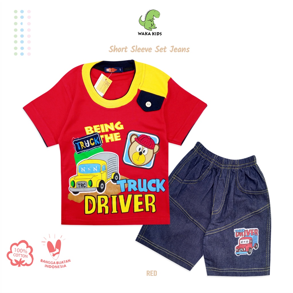Wakakids Baju Anak Laki Laki Usia 1 - 4 Tahun Motif Truck Driver Setelan Celana Jeans Horton 2068-2