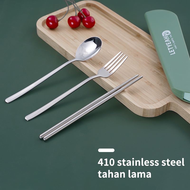 Letyeah &amp; Anantagt Set peralatan makan Garpu Sendok Sumpit 3 pcs Travel Sendok Garpu Set Stainless Steel 410