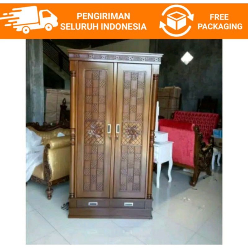 LEMARI PELURU MINIMALIS JATI ASLI DAUN 2 PINTU
