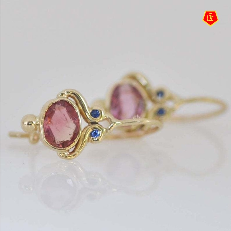 [Ready Stock]18K Gold Vintage Red Gemstone Earrings Luxury Elegant