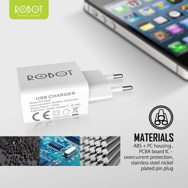 ROBOT Charger / Adaptor Dual USB Port (RT-C04S) + Kabel Data / Kabel Charge iPhone 1M - 2A (RDL100S)