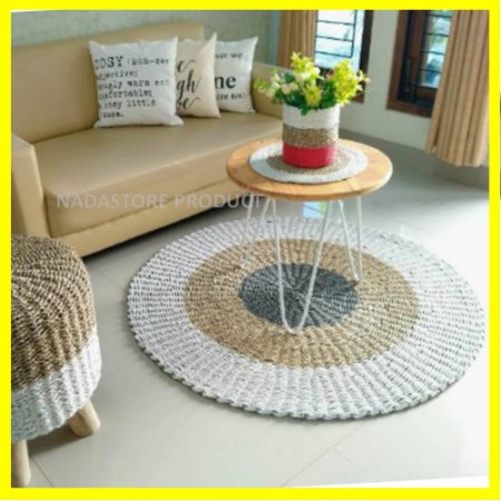 Rug Seagrass 120 cm / Anyaman Seagrass / Karpet Bulat Anyaman Seagrass Putih Natural Abu