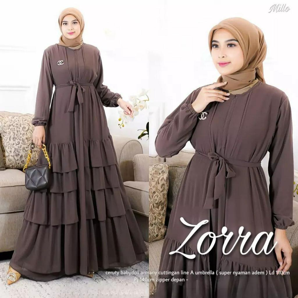 Gamis zorra dress bahan ceruty baby doll premium full furing / busui / resleting depan original