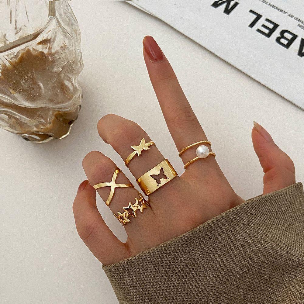 Preva 5pcs/Set Cincin Mutiara Set Wanita Perhiasan Emas Geometris Alloy Butterfly