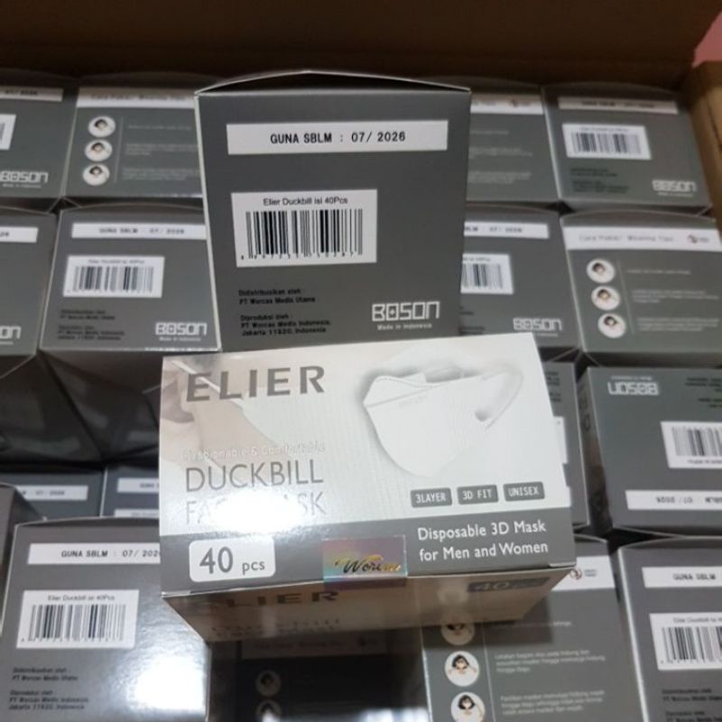Masker elier Duckbill emboss boson 3ply isi 40box (1 karton ) - Putih/Black