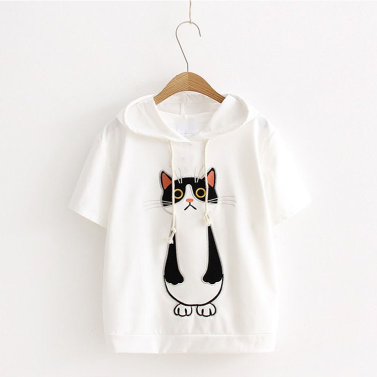 Bess - Sweater Hoodie Crop Lengan Pendek CAT STAND