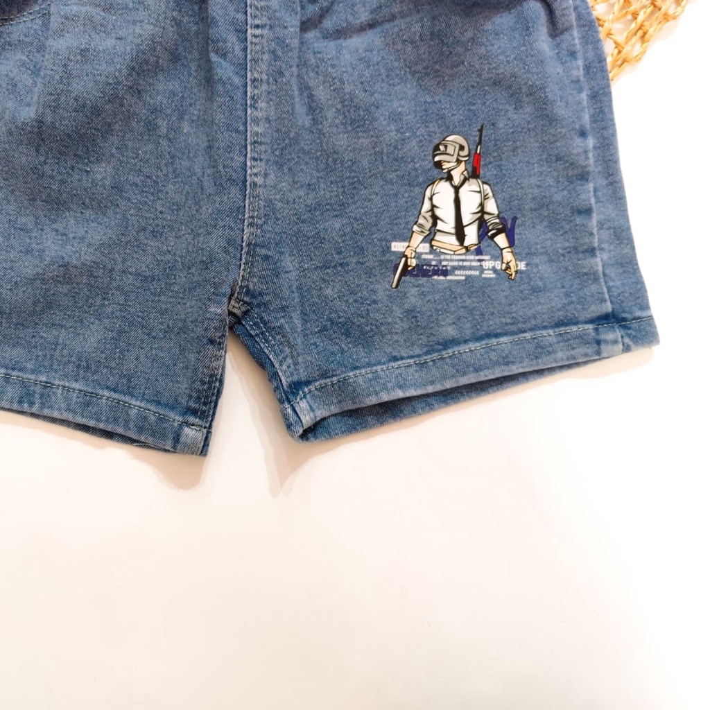 Promo !! Hotpants anak unisex / celana jeans pubg hold gun import ukuran 1bulan-2tahun (biru) / Celana pendek import anak lucu