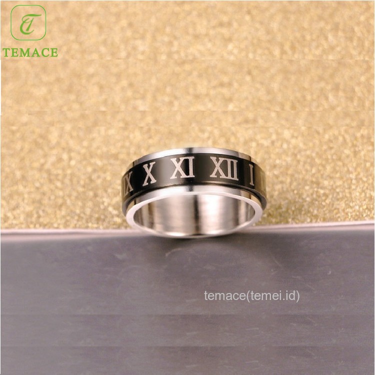 TEMACE Cincin Tauhid Angka Romawi Balik Cincin Lapis Rotatable Baja Perhiasan Laki-Laki Hitam 8MM