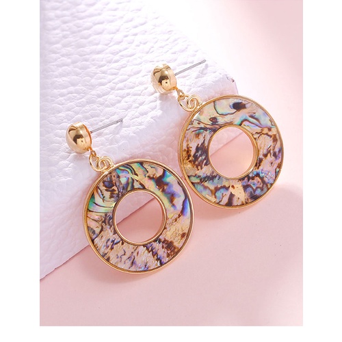 LRC Anting Tusuk Fashion Golden Shell Round Hollow Alloy Earrings A61240