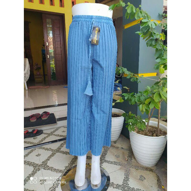 Jeans kulot wanita masa kini - all size - pinggang karet - tali depan - bahan  grey-kulot plisket