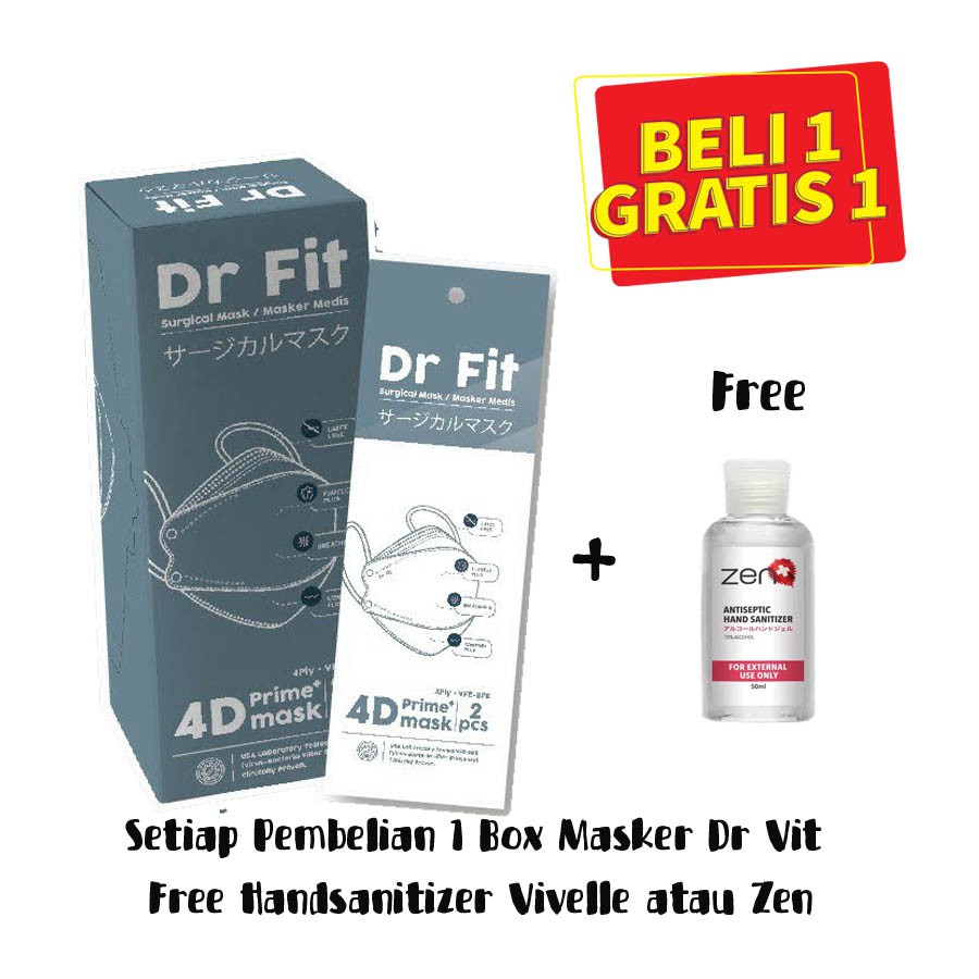 [ Free Handsanitizer ] Masker Dr Fit Prime + Masker 4D 4 Ply Earloop (20 Pcs)