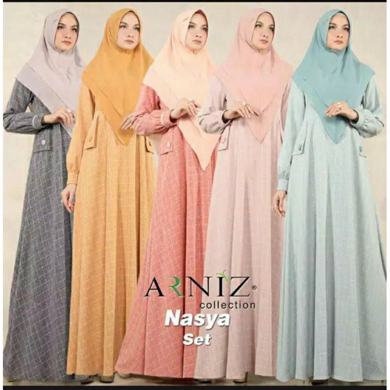 Gamis Nasya Set By Arniz/gamis motif kotak/setelan muslim wanita/baju muslim dewasa/syari/dress