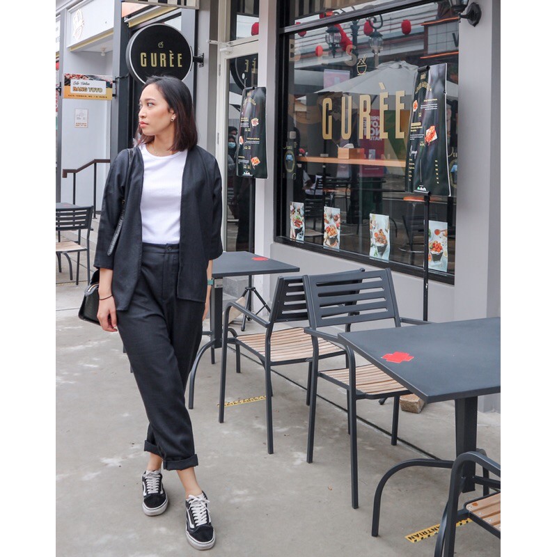 Kalula Set Black / One Set Outer Lengan Panjang Setelan Katun Linen Polos Hitam