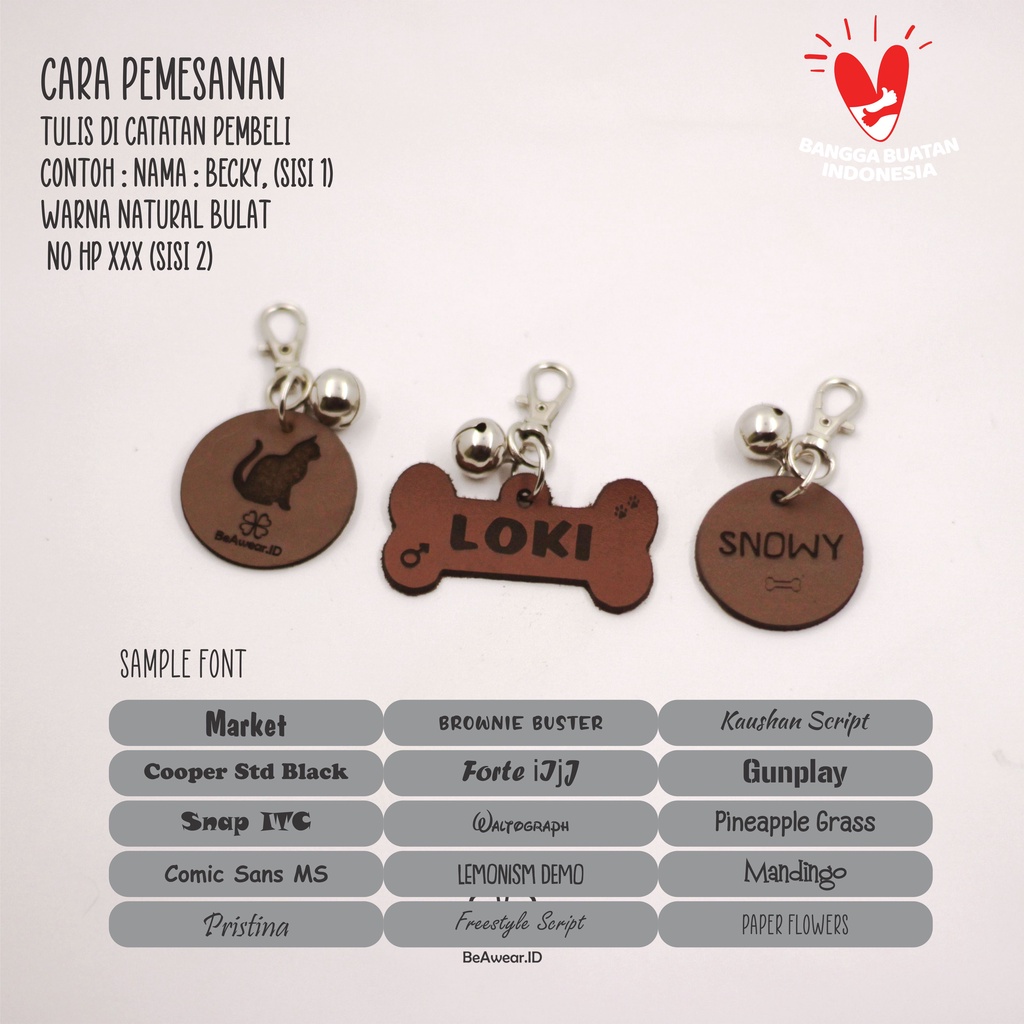 Tag Nama Hewan Anjing Custom / Lionting Nama Kalung Anjing Bahan Kulit Asli Tebal Gratis Lonceng Pengait / Name Dog Cat Pet