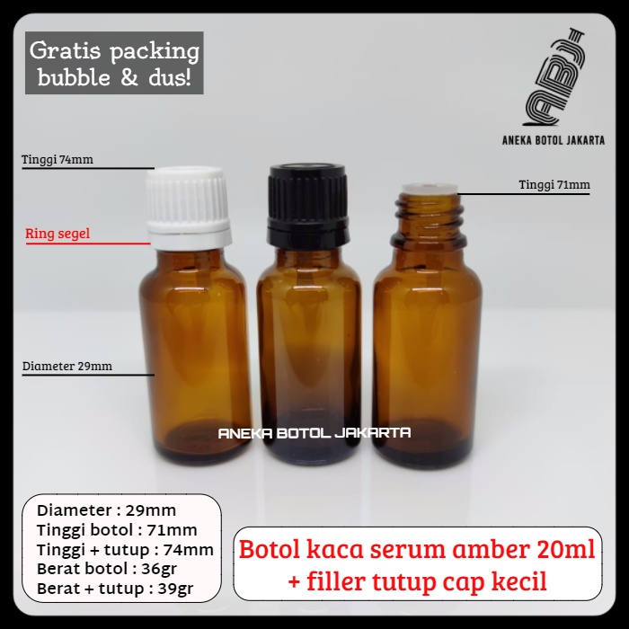 Botol kaca serum amber 20ml filler tetes segel cap kecil
