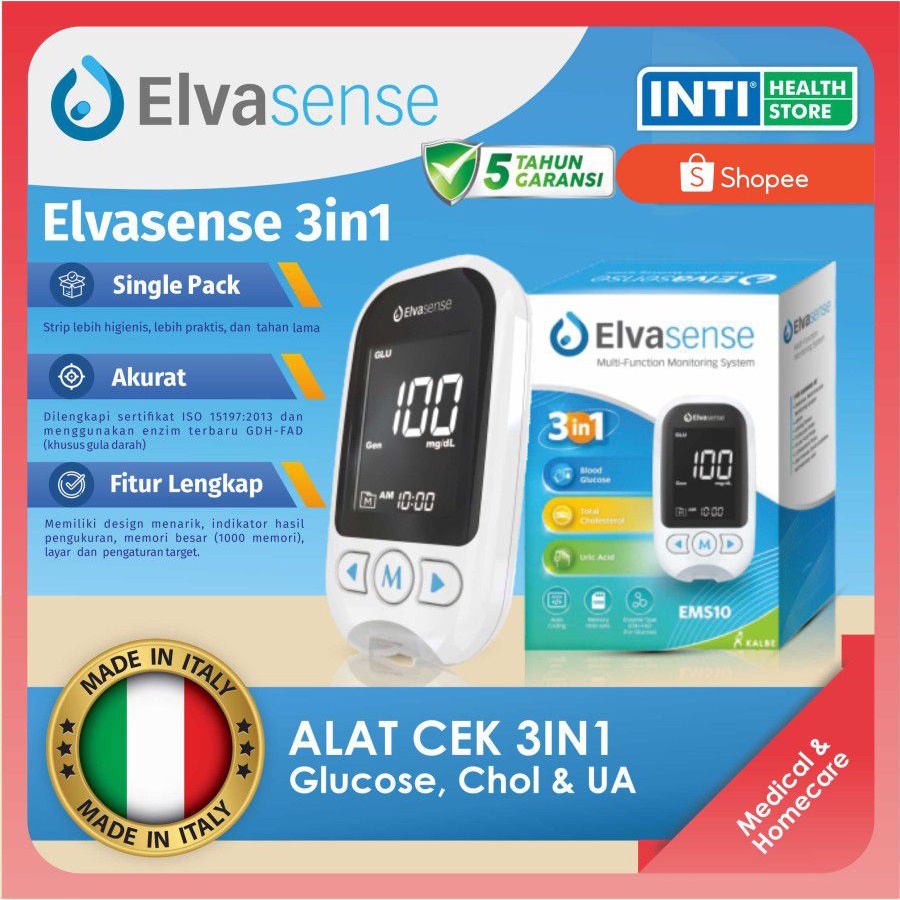 Elvasense Alat Cek 3in1 Gula Darah, Kolesterol &amp; Asam Urat EMS10