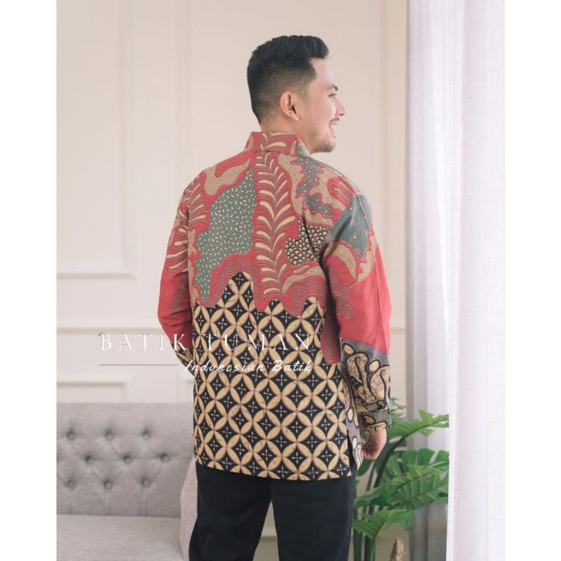 New..ATASAN PRIA BAJU BATIK LENGAN PANJANG LAPIS FURING KATUN BATIK MERAH TUMAN