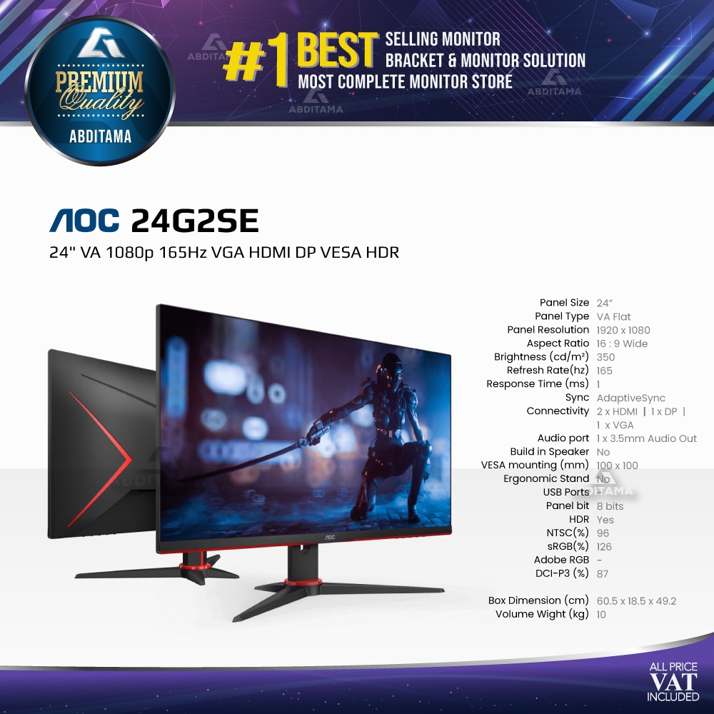 Monitor LED AOC 24G2SE 24&quot; VA 1080p 165Hz VGA HDMI DP VESA HDR