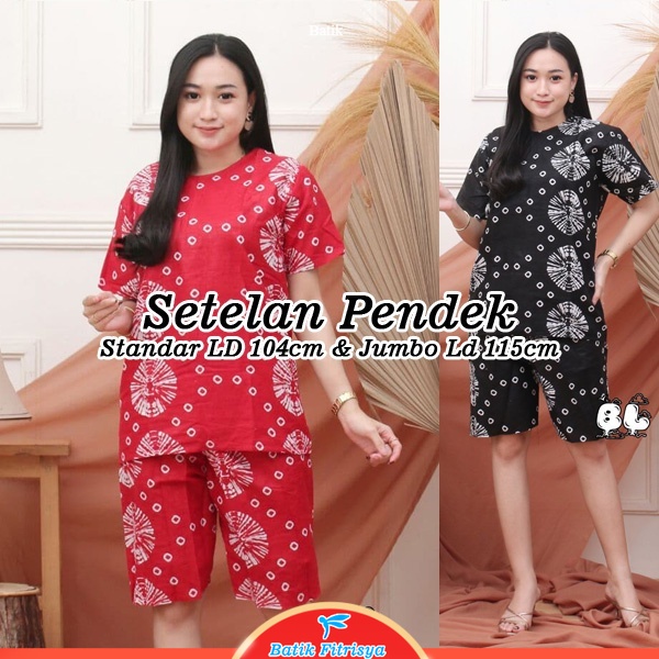 Batik Blouse & Celana Setelan - Motif Kembang Api - Warna Merah Hitam Abu - Ukuran Jumbo