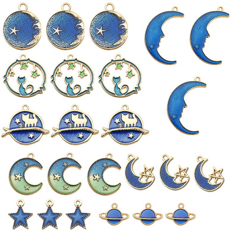 Hbid Glory 24Pcs / Set Liontin Enamel Kucing Bulan Bintang Planet Bumi Untuk Membuat Perhiasan DIY