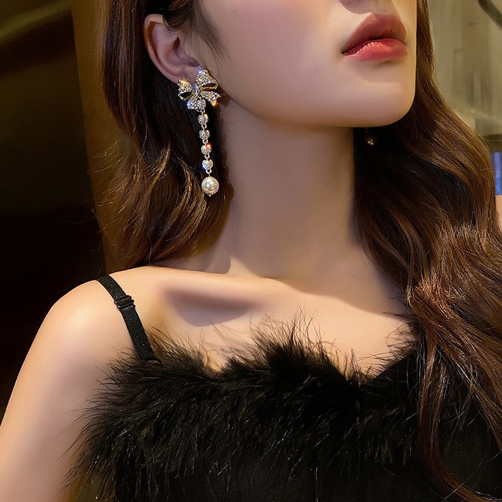 Needway  Temperament Drop Earrings Fashion Jewelry Pearl Earrings Bow Dangle Earrings Women Trendy New Elegant Tassel Geometric Crystal/Multicolor