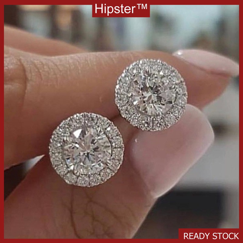 1 Pasang Anting Tusuk Platinum 18k Desain Bulat Hias Berlian Imitasi Untuk Wanita