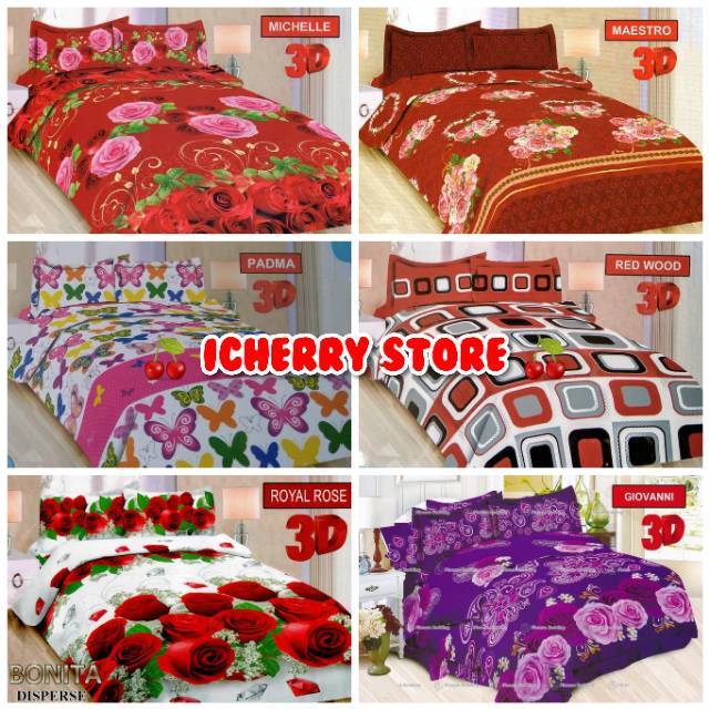 Full Set Bedcover Bonita 3D Rumbai Karet King 180x200 160x200 Motif Red Wood, Padma, Rose Teddy, Arm