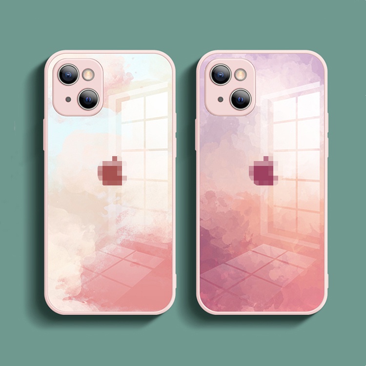 WaterColor Tempered Glass Case untuk iPhone 13 Pro Max 12Pro 12Mini Cover