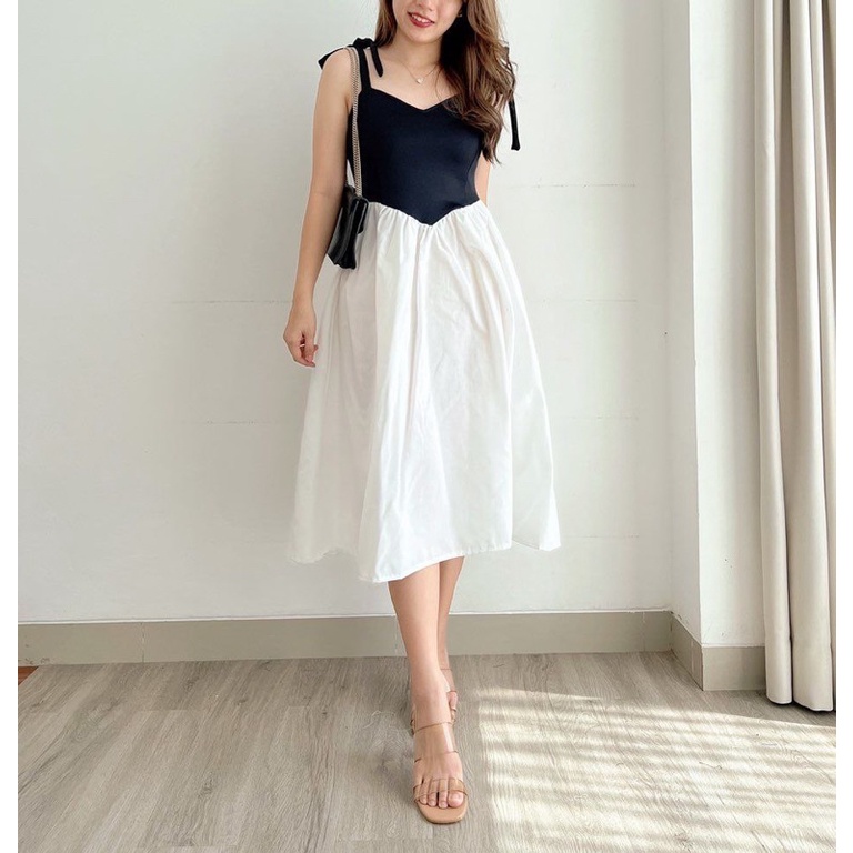 DRESS WANITA KOREA STYLE BAWAH LUTUT BETHANIA DRESS BETHANY TWO TONE HITAM PUTIH TANPA LENGAN KOMBIN