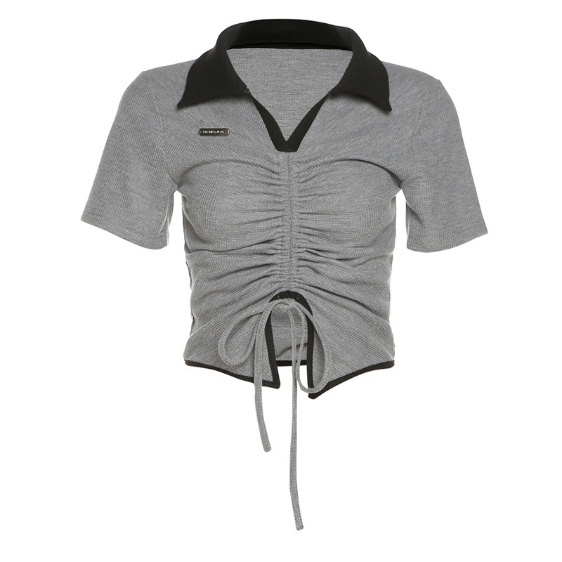 #Sisjuly# Wanita Baru Pakaian Wanita Warna Solid Slim Fit Cropped Navel Fashion Lipit Kerah Lengan P