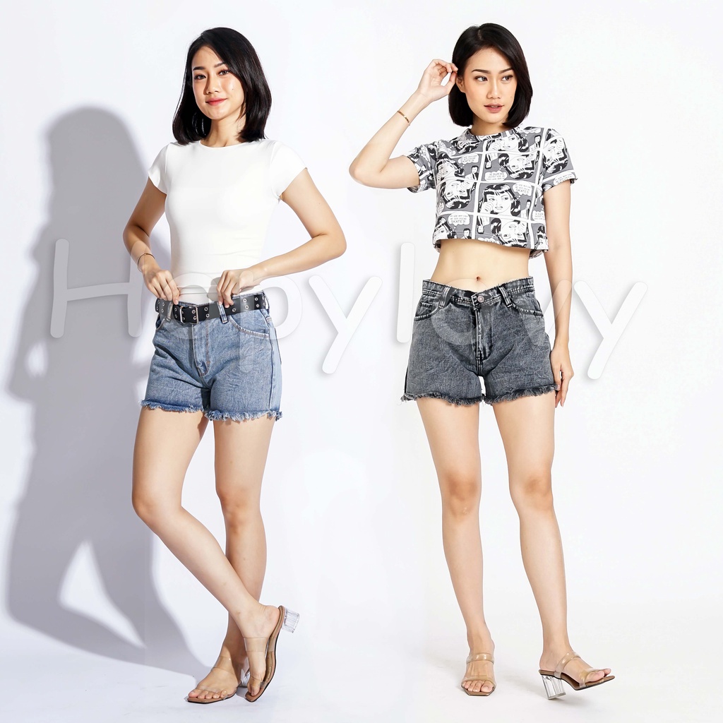 HOPYLOVY Rawis Sexy Jeans Celana Gemes / Hot Pants Celana Pendek Wanita Highwaist Warna Snow