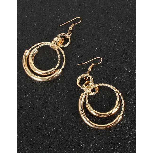 LRC Anting Gantung Fashion Gold Color Round Alloy Cross Cutout Earrings P09903