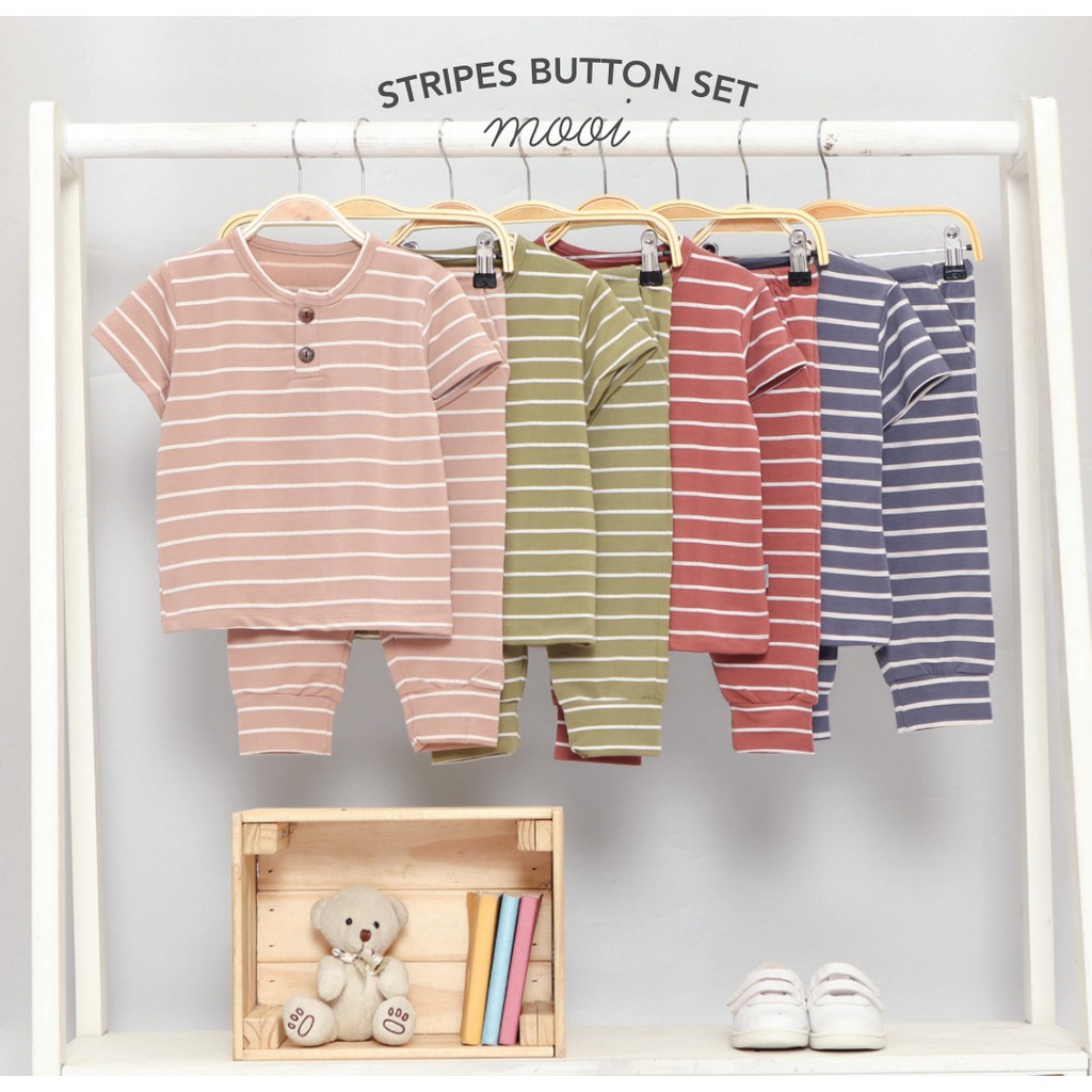 PROMO 7.7 PROMO BAJU LEBARAN MURAH MOOI STRIPES BUTTON SET 1-5 tahun Setelan baju pendek celana panjang anak